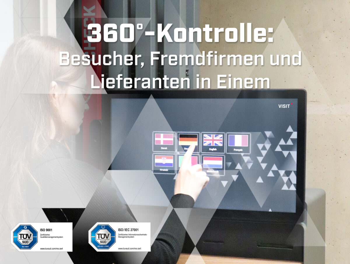 Selbstanmeldung an einem Kioskterminal mit Sprachauswahl und ISO Zertifizierungen